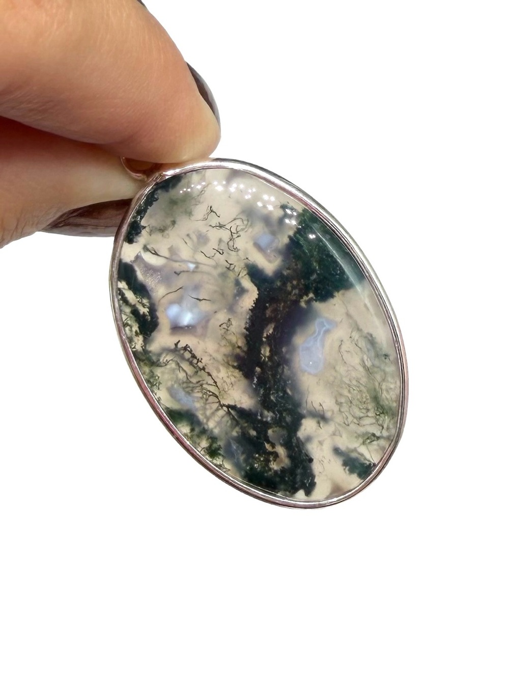 Moss Agate Necklace Pendant 925 Sterling Silver Overlay Oval Stone